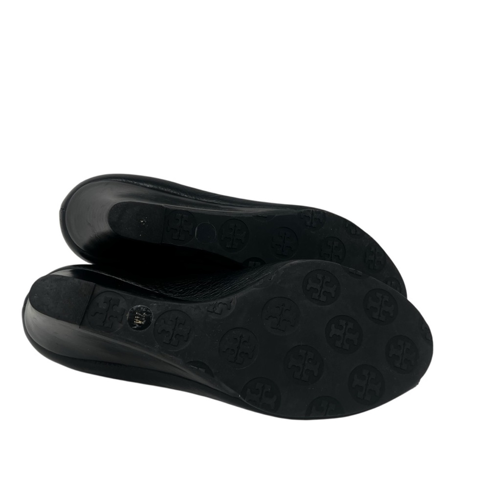 Tory Burch Black Leather Peep-Toe Wedge with Silver Logo - Picture 6 of 10